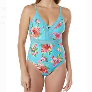 One Piece Teal and Floral Swimsuit (Time and Tru)